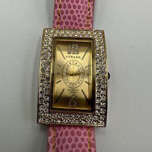 3/$30 Strada Watch Women Gold Tone Pink Faux Band Crystal Bling Bezel 9”